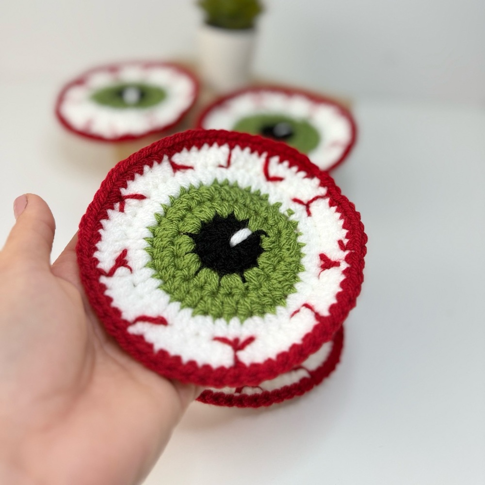 Handmade Crochet Halloween Eyeball Coasters Spooky Set of 4